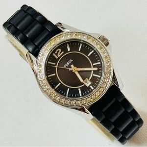 Fossil Riley Women's Watch Silver Stainless Crystals Black Silicone ES-2982